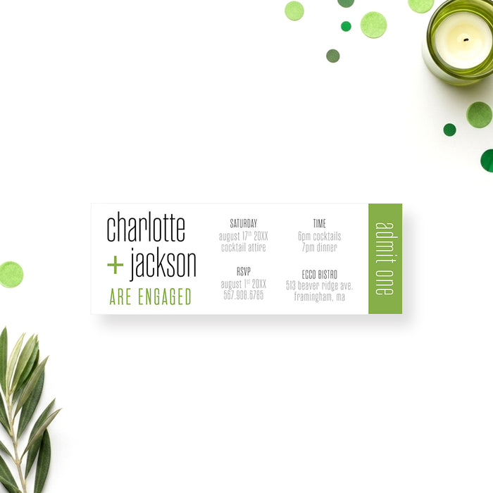 Green engagement party ticket invitation modern minimalist admit one design couple celebration invite