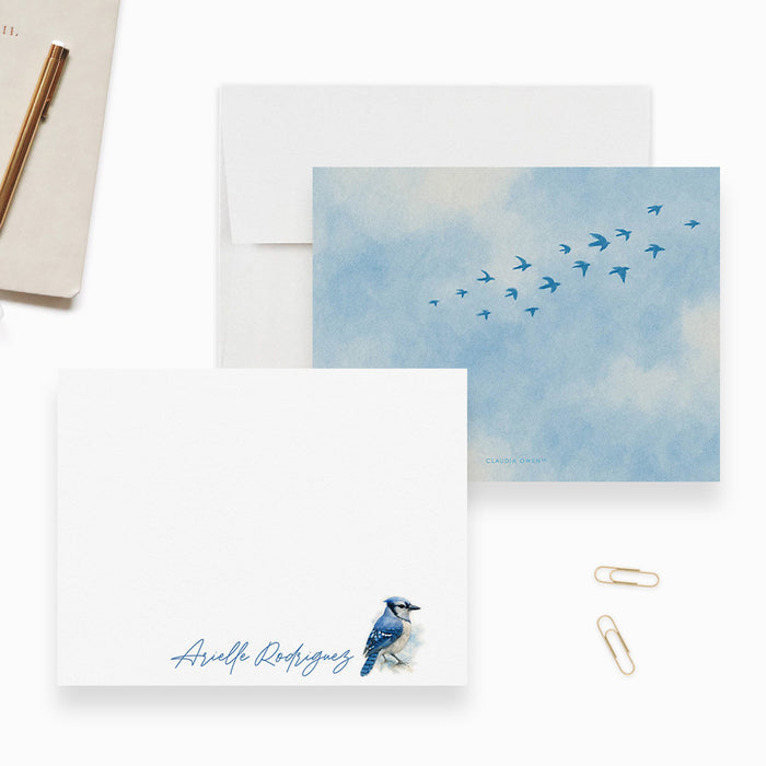 Personalized Blue Jay note card featuring custom name bird illustration and coordinating blue sky bird design