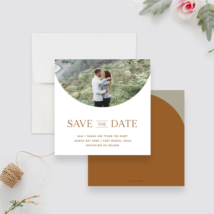 Minimalist Photo Wedding Save the Date Card with Arch Layout Design, Terracotta Photo Save the Dates for Intimate Wedding Celebration