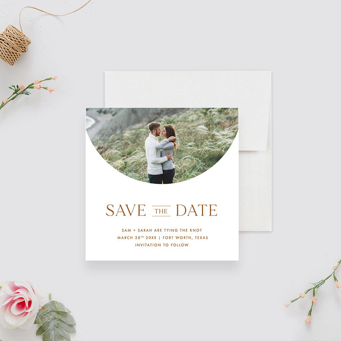 Minimalist Photo Wedding Save the Date Card with Arch Layout Design, Terracotta Photo Save the Dates for Intimate Wedding Celebration