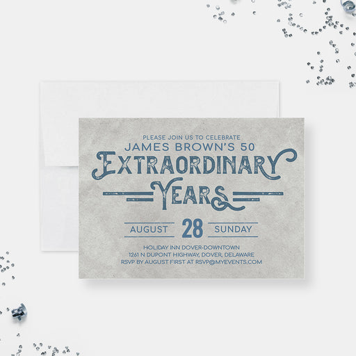 Extraordinary Years birthday invitation with blue decorative lettering on a textured gray background.