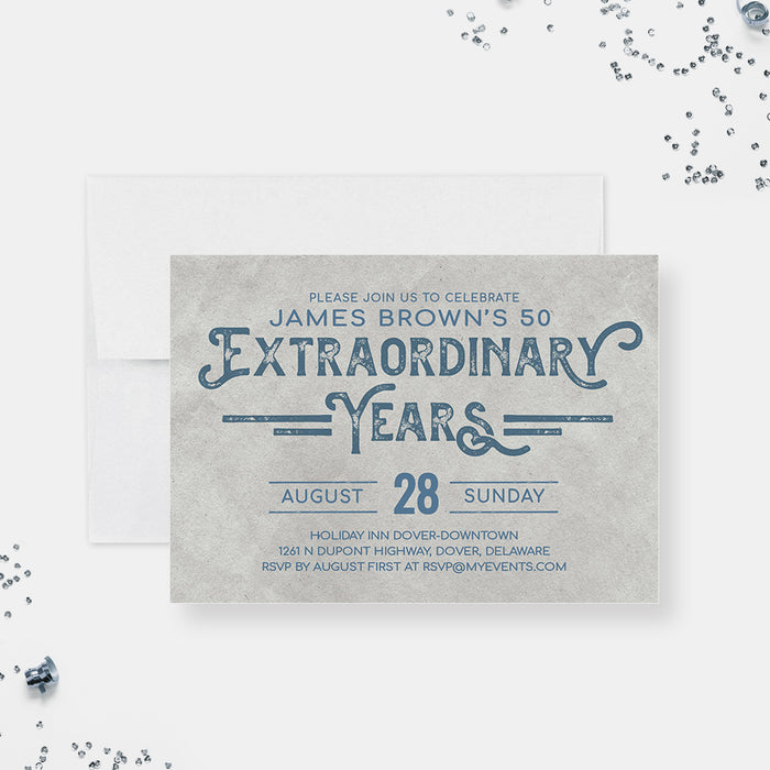 Extraordinary Years birthday invitation with blue decorative lettering on a textured gray background.