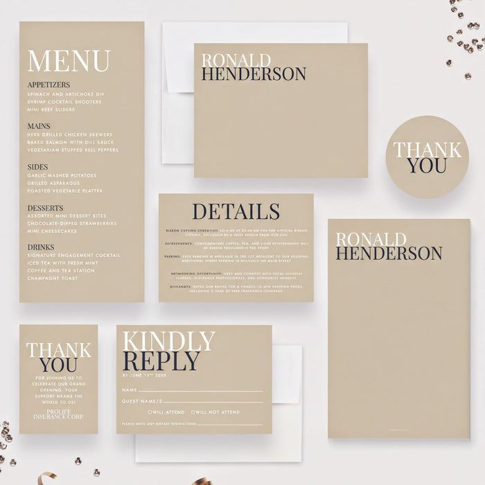 a variety of beige-colored business cards and envelopes, including a menu, a guest list, and a thank you card. The text on the items is minimalistic and straightforward, with the focus on providing clear information and instructions.