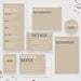 a variety of beige-colored business cards and envelopes, including a menu, a guest list, and a thank you card. The text on the items is minimalistic and straightforward, with the focus on providing clear information and instructions.