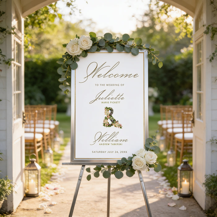 a wedding invitation sign with a floral design, placed in a garden setting with chairs and lanterns in the background.