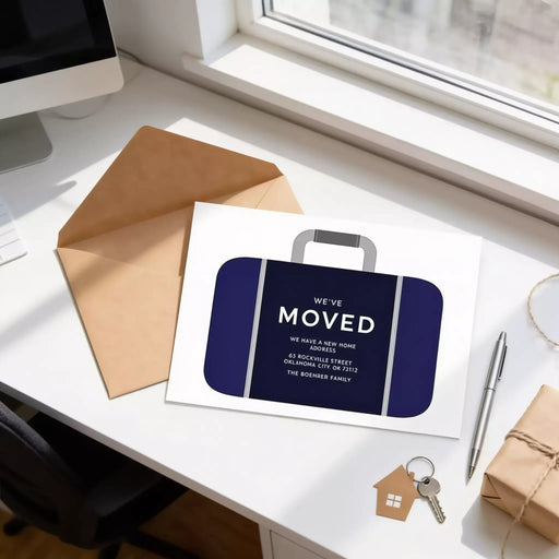a desk with a computer monitor, a brown envelope, a blue suitcase with the text "We've MOVED" and a keychain, along with a pen and a gift box.