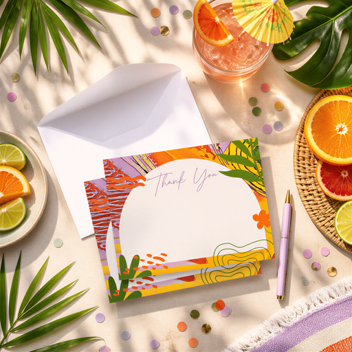 a colorful "Thank You" card with a tropical design, surrounded by various fruits, a drink, and a pen on a table with a wicker basket.