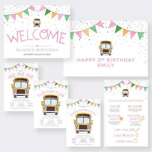 a set of four birthday cards with a school bus