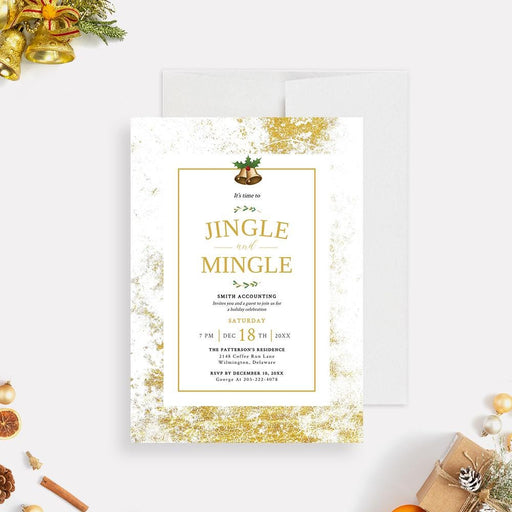 Elegant gold and white “Jingle and Mingle” Christmas party invitation with bells and holly design, featuring modern typography and editable text.
