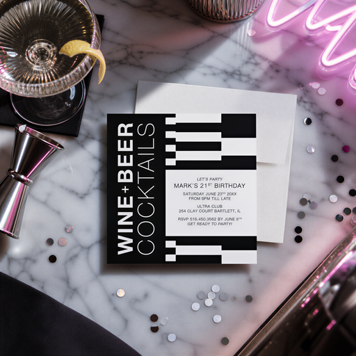 a black and white invitation card for a wine and beer cocktails party, placed on a marble surface with a glass of wine, a cocktail shaker, and some confetti.