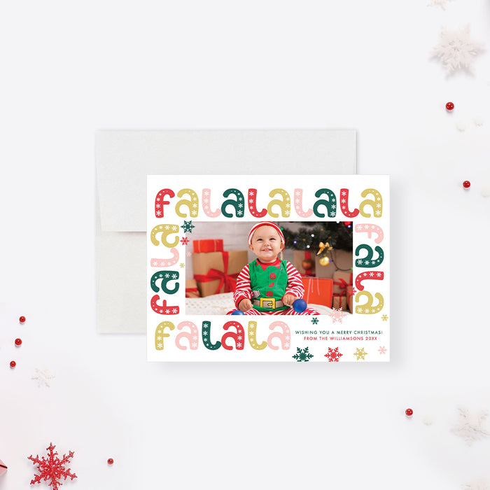 Fa La La La La Christmas Card with Photo, Colorful Christmas Photo Cards, Personalized Family Christmas Greeting Cards with Picture, Snowflake Holiday Cards