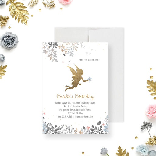 Fairy birthday invitation with gold fairy illustration and delicate floral design for a girl's magical birthday party-front