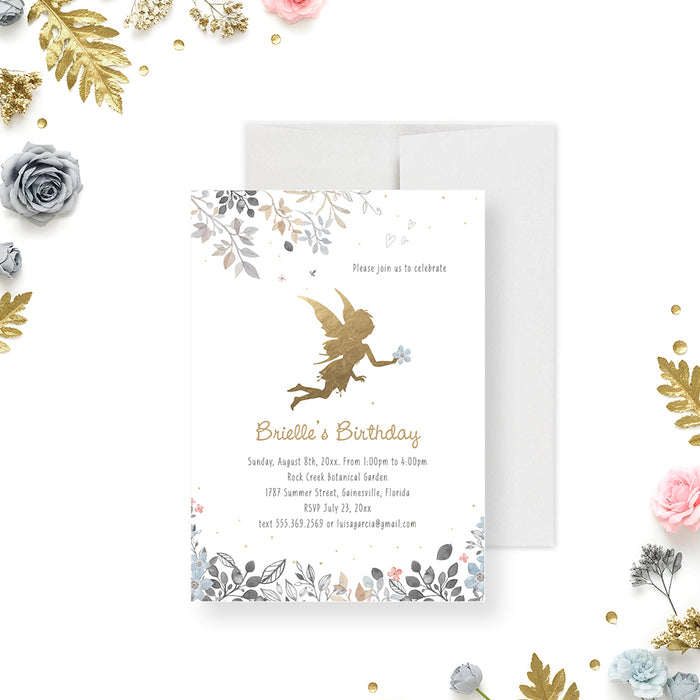 Fairy birthday invitation with gold fairy illustration and delicate floral design for a girl's magical birthday party-front