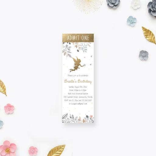 Fairy birthday ticket invitation with botanical floral design featuring gold fairy silhouette for girl’s fairy themed parties