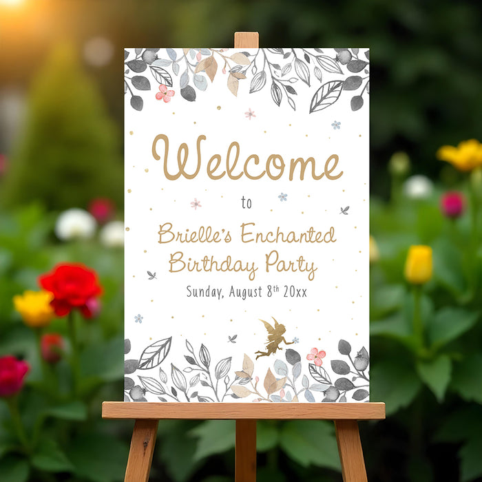 Fairy birthday welcome sign with botanical floral illustrations and small fairy design for a fairy garden party