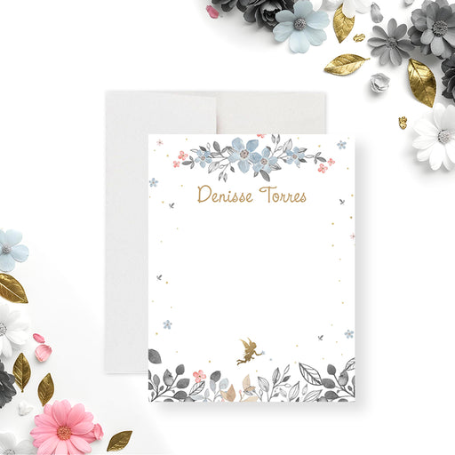 Personalized fairy note cards with botanical floral illustrations and a small fairy design for girls stationery-front
