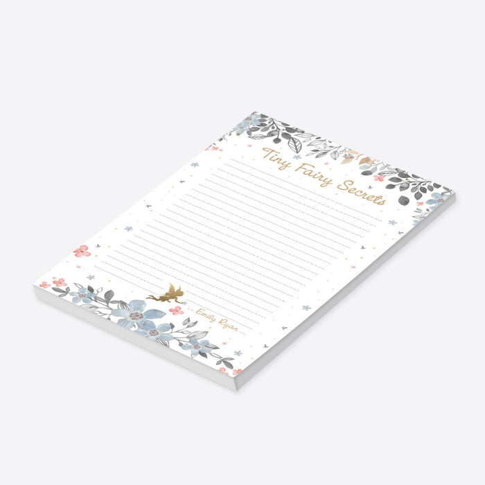 Personalized fairy notepad with botanical floral illustrations and small gold fairy design for girls fairy birthday gifts and fairy themed stationery-side