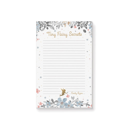 Personalized fairy notepad with botanical floral illustrations and small gold fairy design for girls fairy birthday gifts and fairy themed stationery