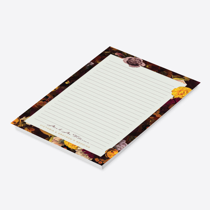 Personalized floral notepad featuring fall botanical flowers, perfect as a personal organizer and thoughtful stationery gift or favor.-side