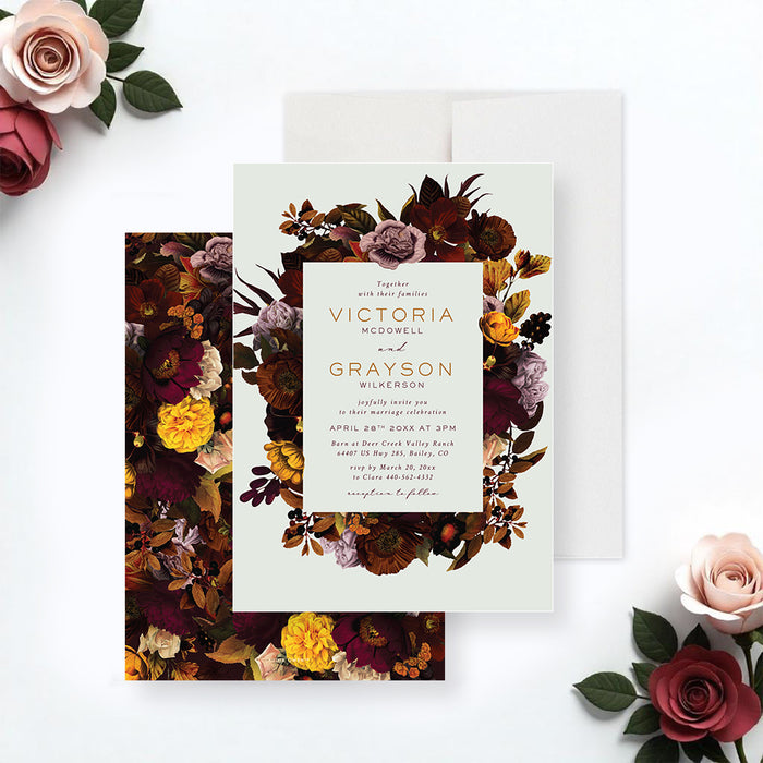 Floral wedding invitation featuring romantic fall-inspired flowers and botanical motifs-front-back