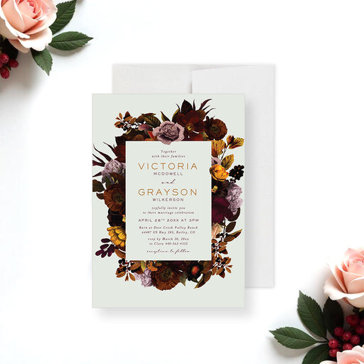 Floral wedding invitation featuring romantic fall-inspired flowers and botanical motifs-front