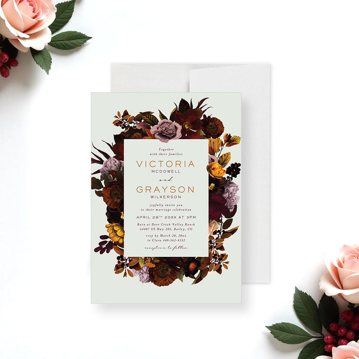 Floral wedding invitation featuring romantic fall-inspired flowers and botanical motifs-front