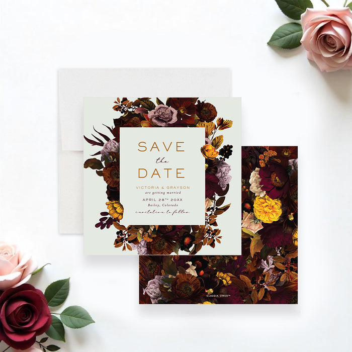 Floral save the date card featuring autumn botanical flowers, perfect for fall romantic wedding celebrations.-front-back