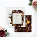 Floral save the date card featuring autumn botanical flowers, perfect for fall romantic wedding celebrations.-front-back