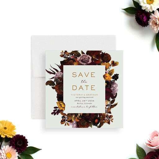 Floral save the date card featuring autumn botanical flowers, perfect for fall romantic wedding celebrations.-front
