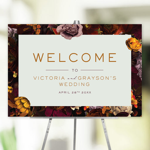Vintage floral wedding welcome sign featuring fall botanical design, printed welcome poster for ceremony or reception.