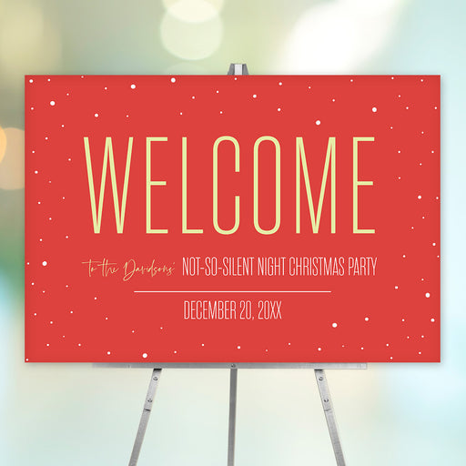 Red Christmas party welcome sign with snow dots and customizable details for a Not-So-Silent Night holiday event.