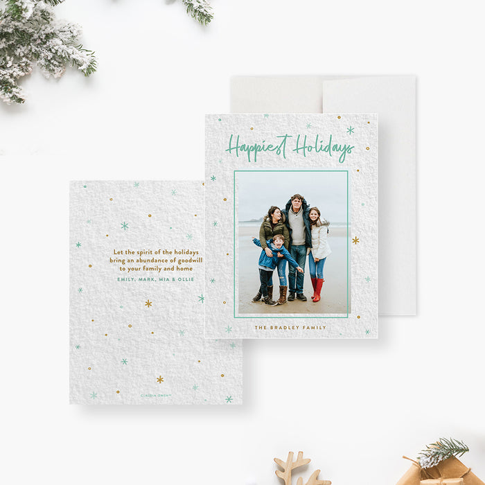 Happiest Holidays Card with Family Photo, Personalized Holiday Greeting Card with Photo, Winter-Themed Greeting Card with Snowflakes