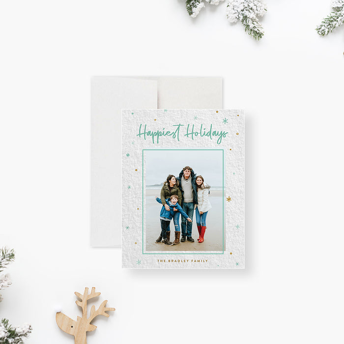 Happiest Holidays Card with Family Photo, Personalized Holiday Greeting Card with Photo, Winter-Themed Greeting Card with Snowflakes