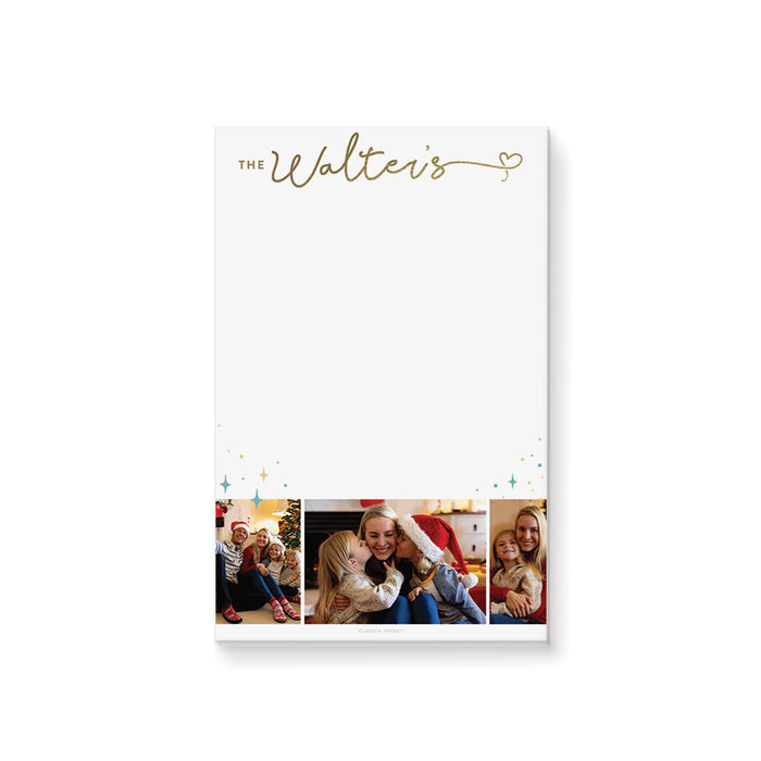 Holiday Notepad with Family Photos, Custom Photo Notepad with Blue and Gold Sparkles, Personalized Party Favor Notepad