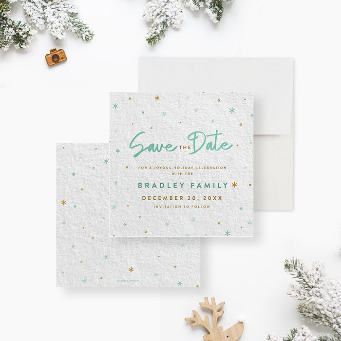 Family Holiday Save the Date Card with Blue and Gold Snowflakes, Winter Themed Save the Date Card