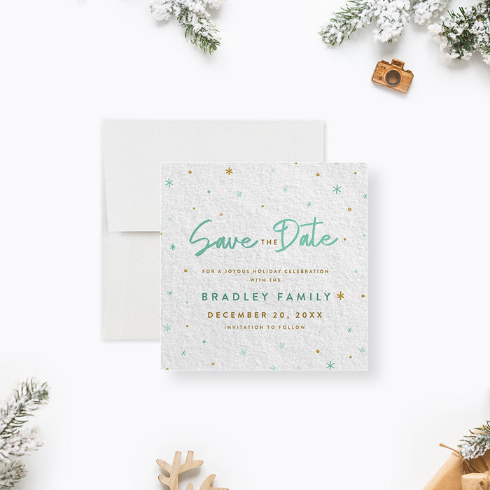 Family Holiday Save the Date Card with Blue and Gold Snowflakes, Winter Themed Save the Date Card