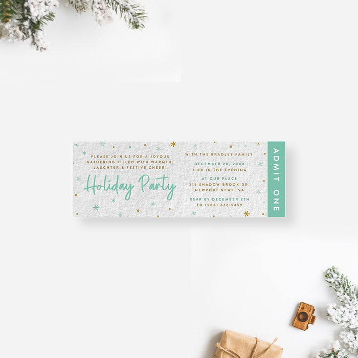 Festive Holiday Party Ticket Invitation with Blue and Gold Snowflakes, Family Christmas Celebration Tickets, Snowy Winter Party Invite