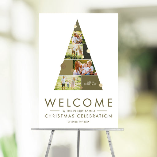 Customized Christmas welcome sign featuring a modern photo collage tree with gold accents, personalized with family name and holiday event details.