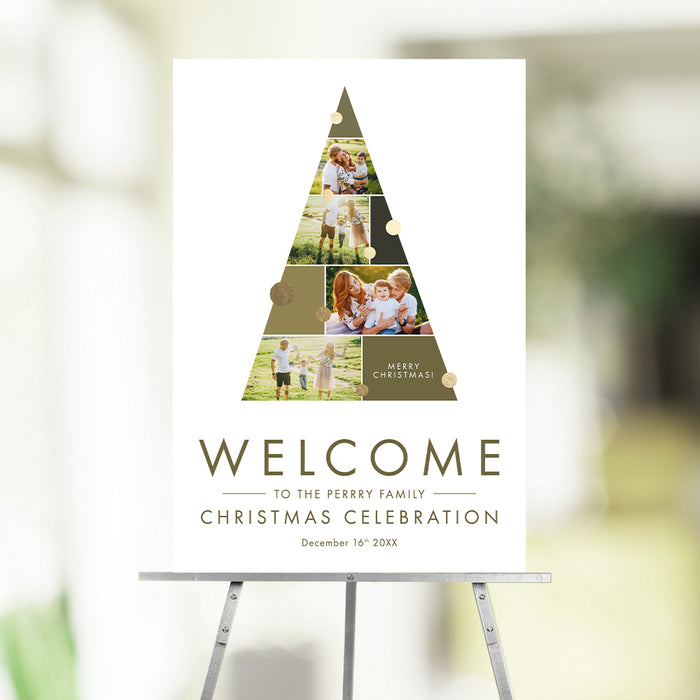 Customized Christmas welcome sign featuring a modern photo collage tree with gold accents, personalized with family name and holiday event details.