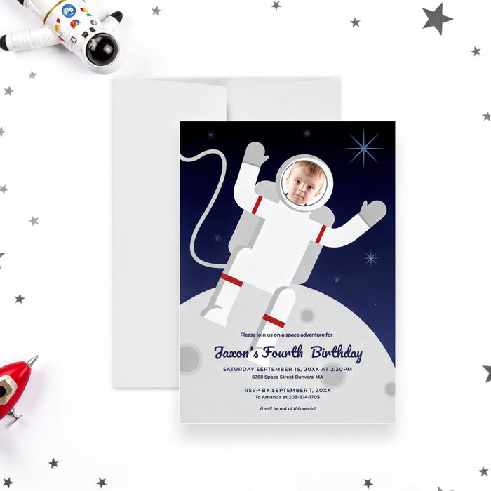 The image is a birthday invitation for a child named Jacob's fourth birthday, featuring a space theme with a photo of a child in a spacesuit.