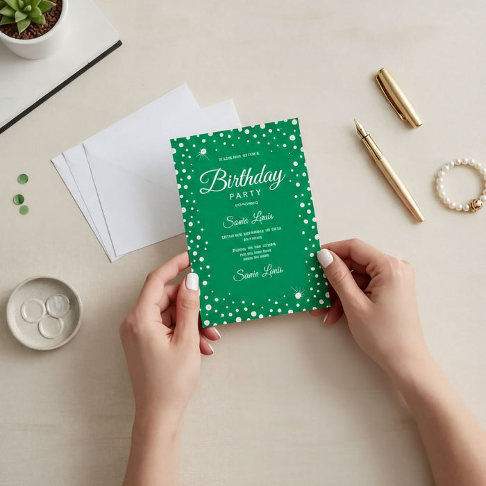 A person's hands holding a green birthday party invitation with white polka dots, surrounded by various office supplies and personal items on a desk.