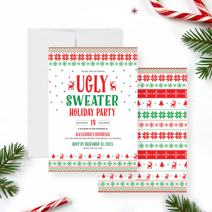 Ugly Sweater Holiday Party invitation card with a red and green knit-inspired pattern, reindeer icons, and festive Christmas details front back