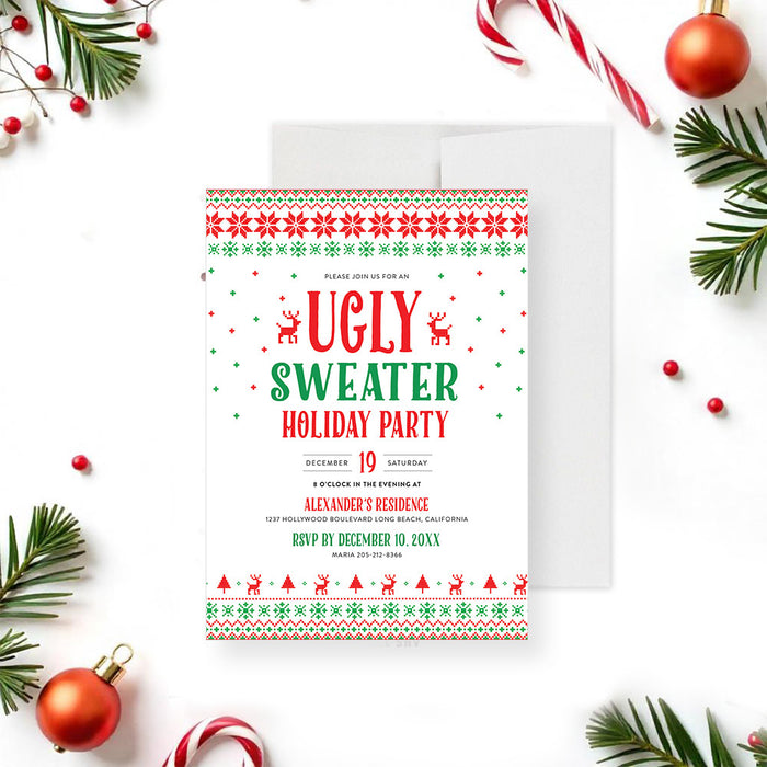 Ugly Sweater Holiday Party invitation card with a red and green knit-inspired pattern, reindeer icons, and festive Christmas details front