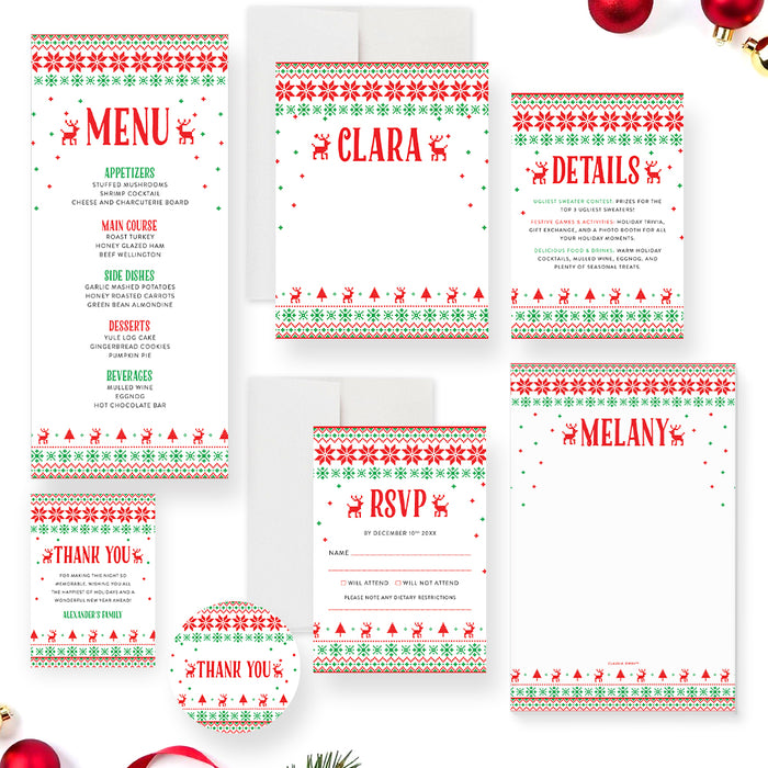 Set of Christmas-themed stationery items including a menu, name card, and RSVP card on a white background.