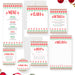 Set of Christmas-themed stationery items including a menu, name card, and RSVP card on a white background.