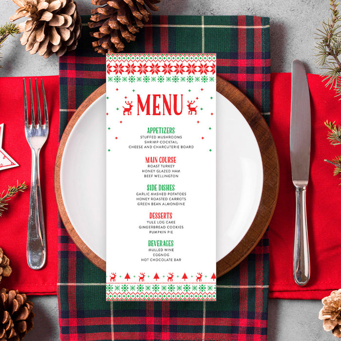 Christmas-themed menu on a table setting with red and green plaid napkin, white plate, and festive decor.