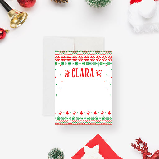 Personalized Christmas notecard with a red and green festive sweater border, reindeer accents, and a custom name design.-front