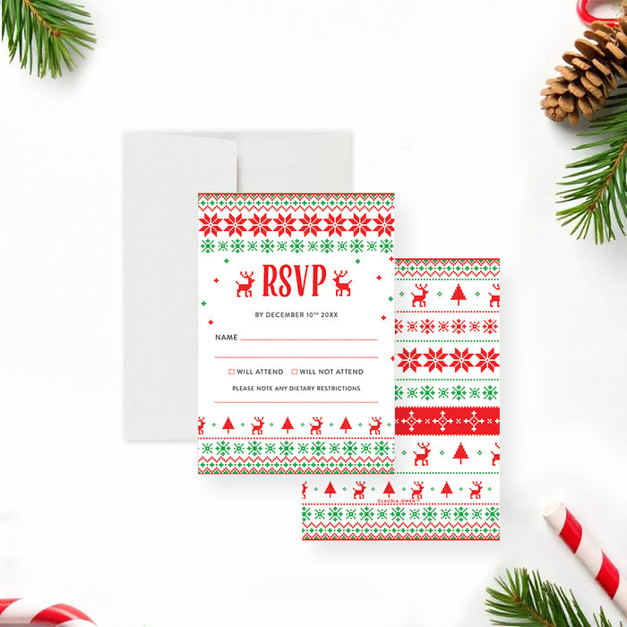 Christmas-themed RSVP card with decorative patterns on a white background