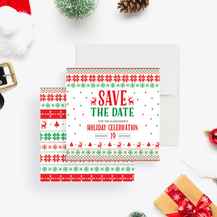 Red and green holiday save the date card featuring reindeer and snowflake sweater designs, perfect for Christmas parties, seasonal gatherings, and festive celebrations.-front-back