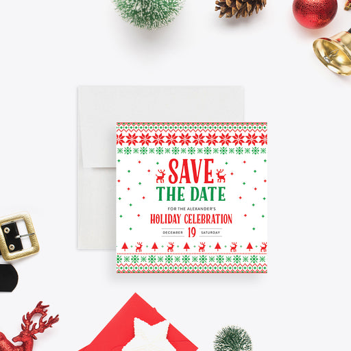 Red and green holiday save the date card featuring reindeer and snowflake sweater designs, perfect for Christmas parties, seasonal gatherings, and festive celebrations. -front